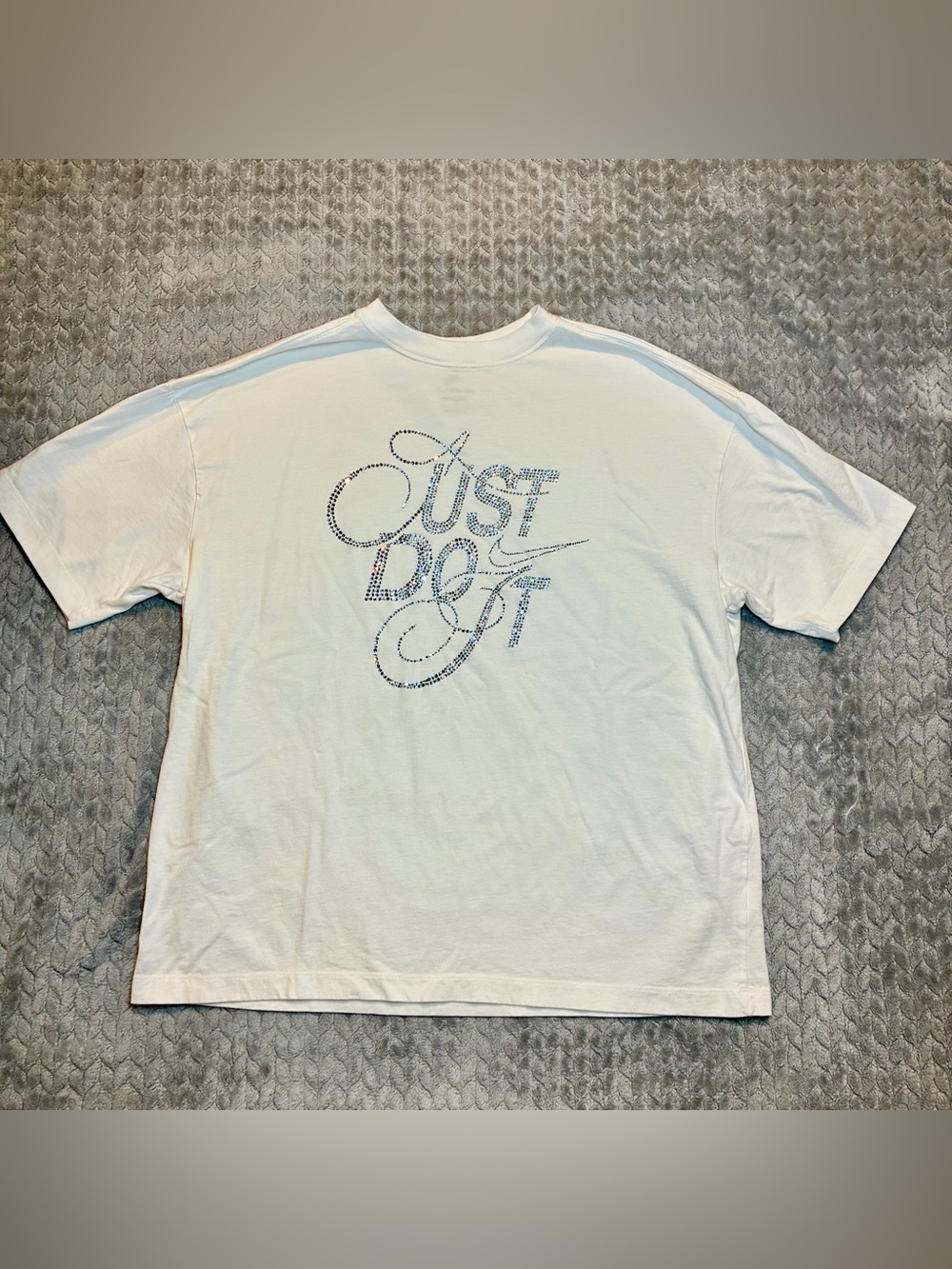 Nike White Short Sleeve Tee with Rhinestone "Just Do It" Women’s M Oversized Fit